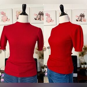 🍒Pre-Loved Knitted Red Ribbed Mock-Neck Puff Sleeve Top can fit Sm up to M